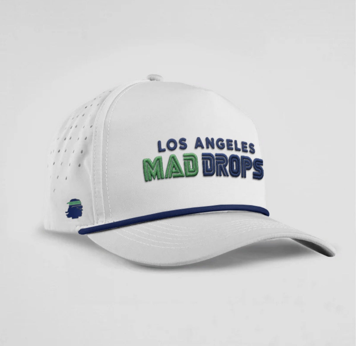 Coastline Classic Cap in white with Los Angeles Mad Drops embroidery, navy brim piping, perforated side panels and side emblem